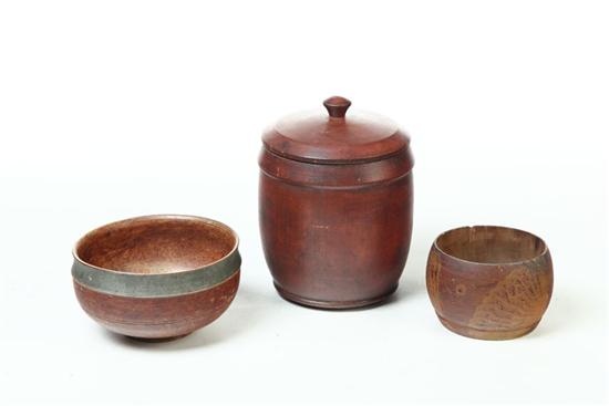 Appraisal: THREE DECORATED TREENWARE CONTAINERS American mid th century Original paint