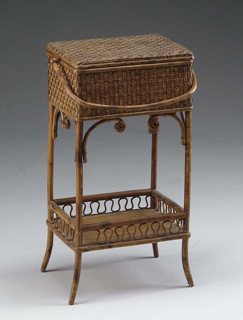 Appraisal: BAMBOO AND RATTAN FLOOR SEWING STAND Top sewing box in