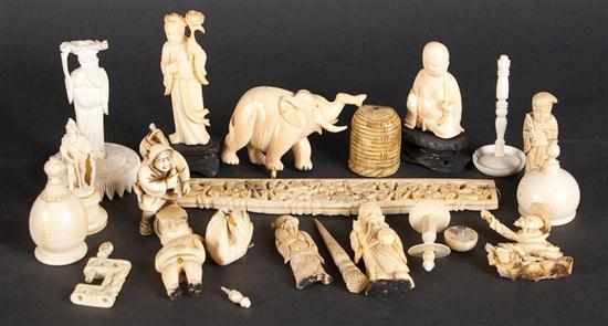 Appraisal: Assorted oriental ivory figures and fragments items include netsukes figures