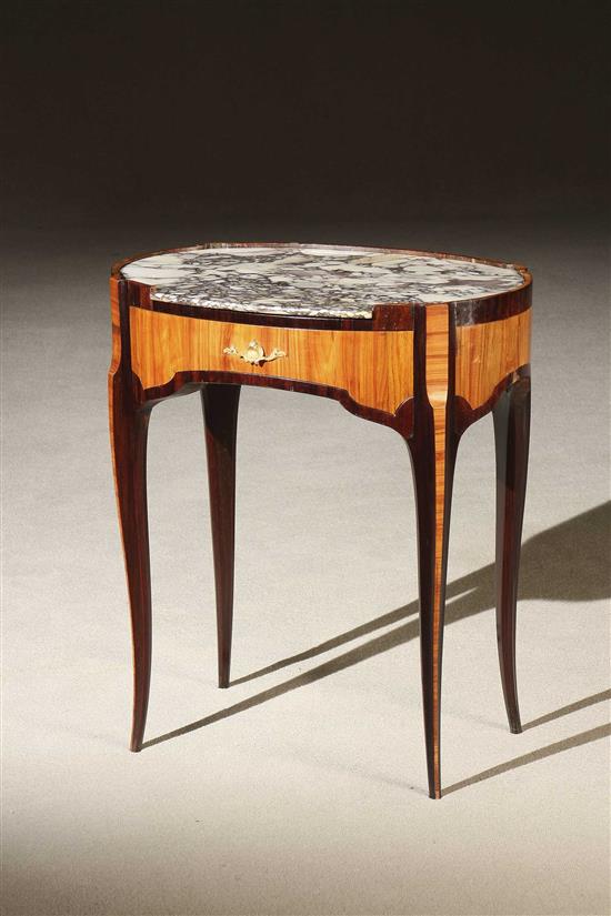 Appraisal: Louis XV XVI Style Ormolu Mounted Tulipwood and Kingwood Marble-Top