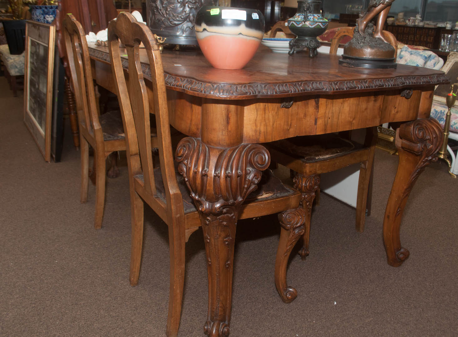 Appraisal: Five-piece dining room set including burlwood table and four chairs