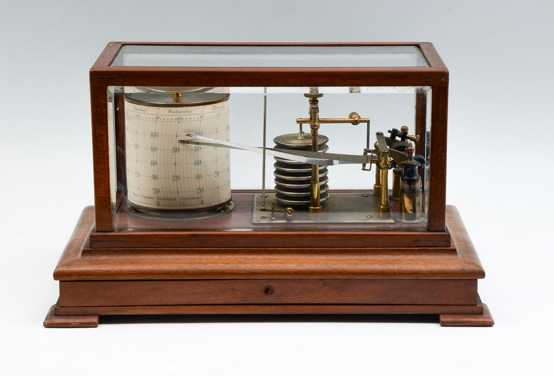 Appraisal: EUROPEAN SEISMOGRAPH IN BEVELED GLASS CASE European scientific instrument seismograph