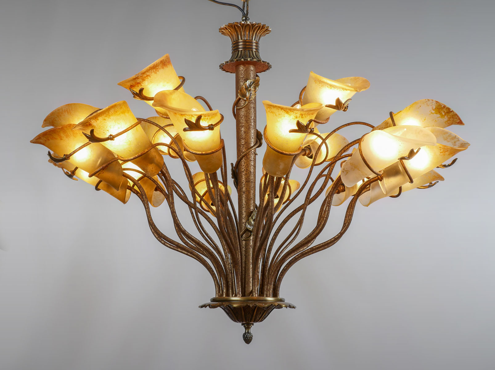 Appraisal: GLASS LILY METAL CHANDELIER light chandelier having lily shaped painted