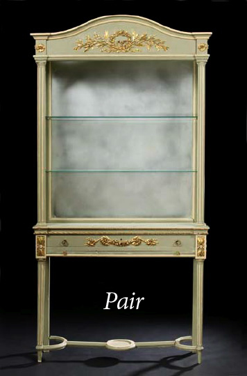 Appraisal: Pair of Louis XVI-Style Polychromed and Parcel-Gilt Display Cabinets early