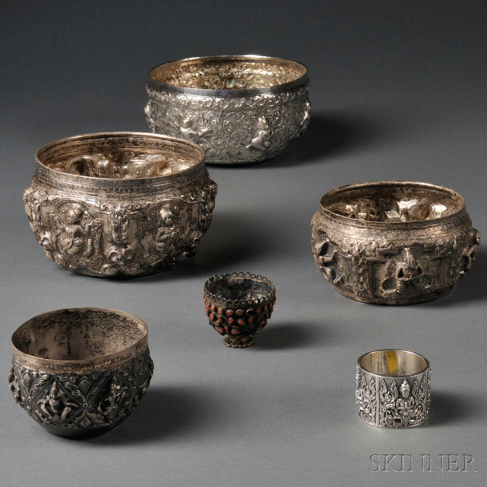 Appraisal: Six South Asian Silver Items a Thai napkin ring decorated