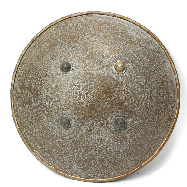 Appraisal: Middle Eastern Persian metal shield with figural and calligraphy designs