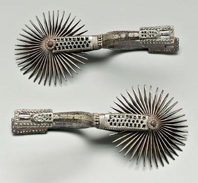 Appraisal: Fine pair silver inlaid gaucho spurs openwork and silver inlaid