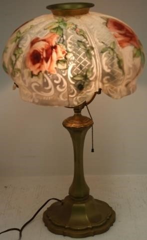 Appraisal: EARLY TH CENTURY PAIRPOINT TABLE LAMP HANDDONE REVERSE PAINTED ROSE