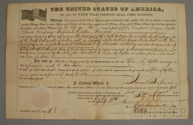 Appraisal: August U S Land Grant for Military Service in the