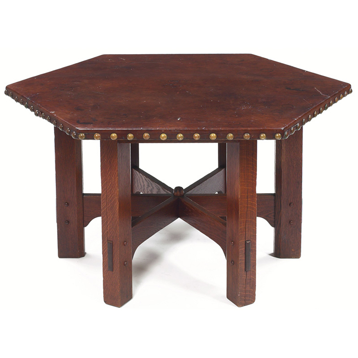 Appraisal: Good Gustav Stickley table hexagonal form with original leather and