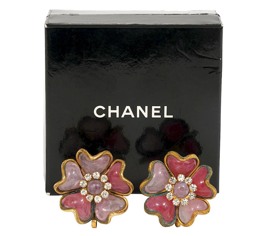 Appraisal: Chanel 's Gripoix Crystal Earrings Chanel poured glass Gripoix flower