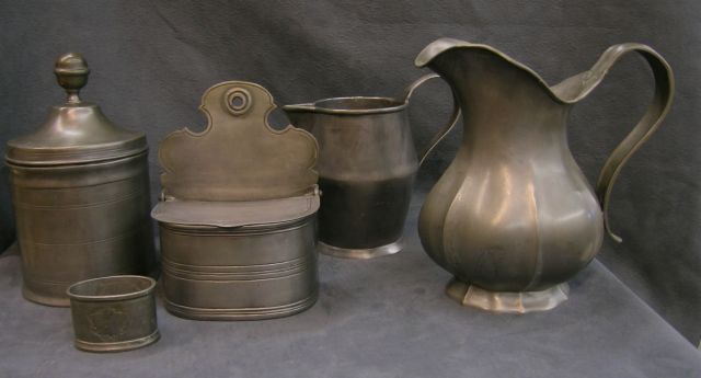 Appraisal: Group of vintage pewter accessories including four candlesticks serving pitchers