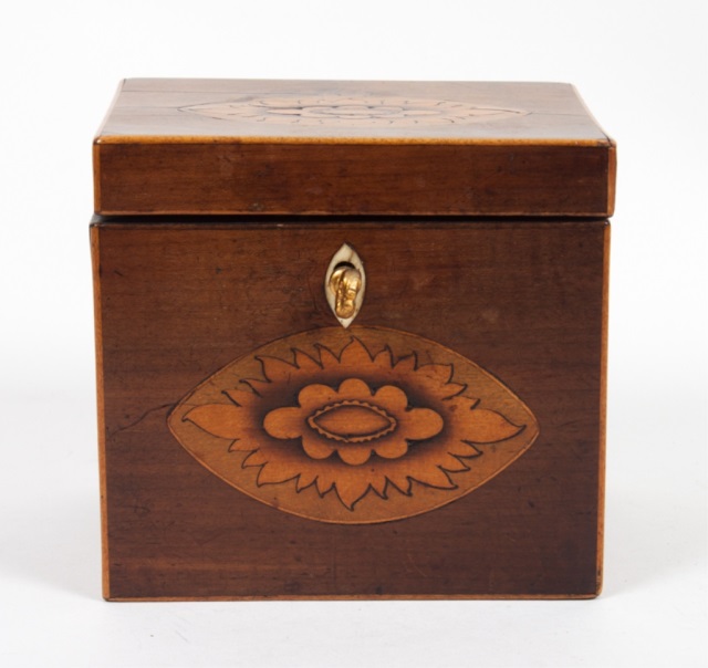 Appraisal: George III mahogany tea caddy circa with stringer and floral