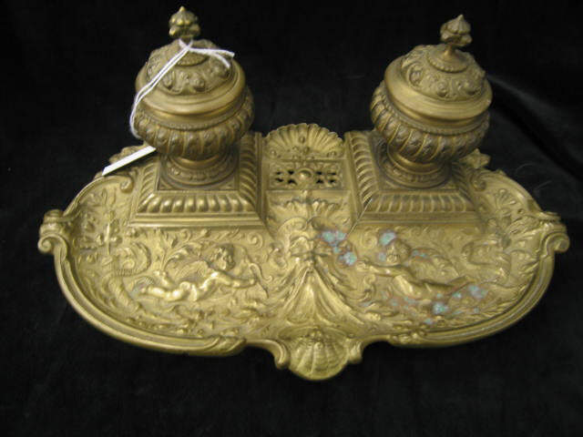 Appraisal: Victorian French Bronze Inkstand double well with pen rest rococo