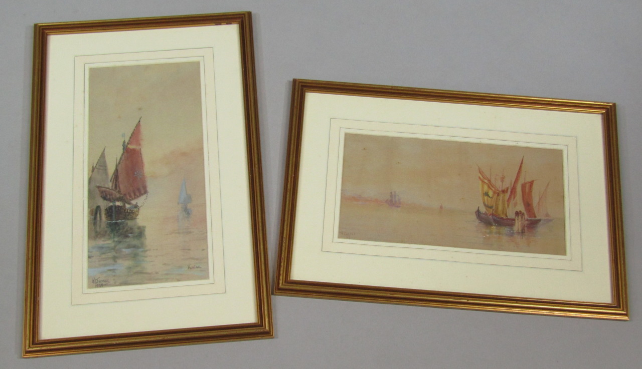 Appraisal: A Castle FL Boats drying sails on calm waters watercolour