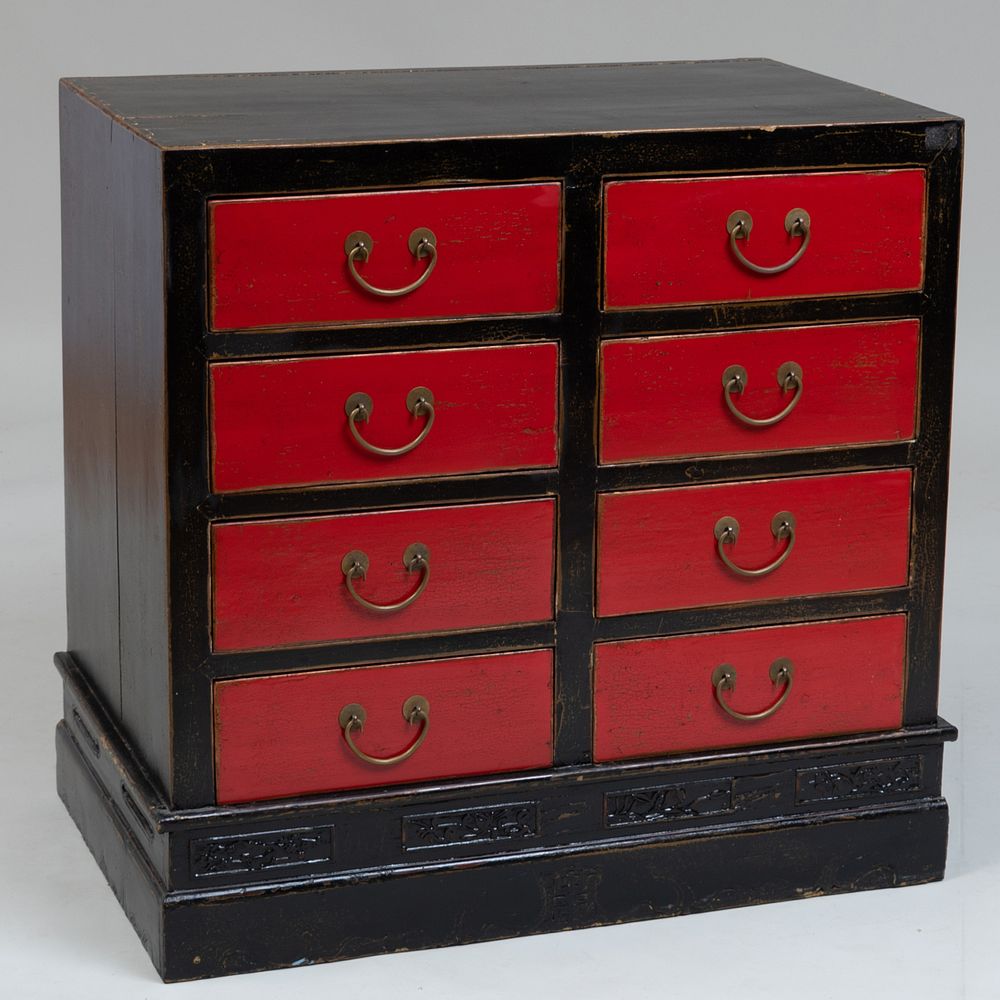 Appraisal: Chinese Provincial Red and Black Lacquer Chest of Drawers x