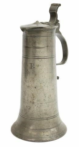 Appraisal: Large pewter flagon th c thumb rest hinged lid scroll