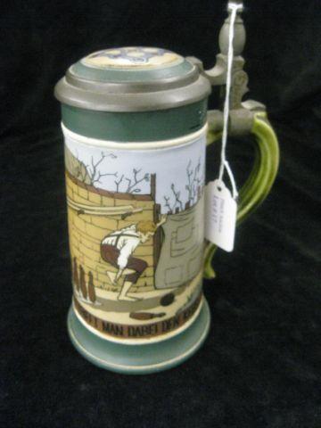 Appraisal: Mettlach Etched Pottery Stein bowling scene liter inlaid lid