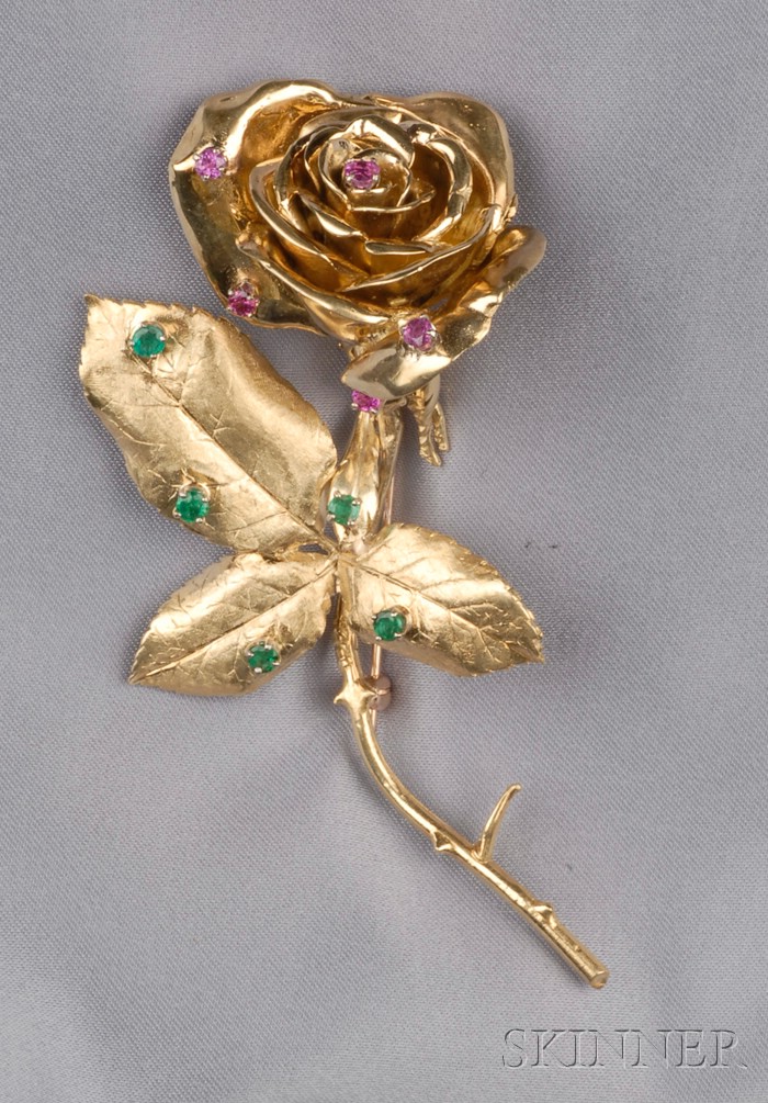 Appraisal: kt Gold Gem-set Rose Brooch of naturalistic form set with