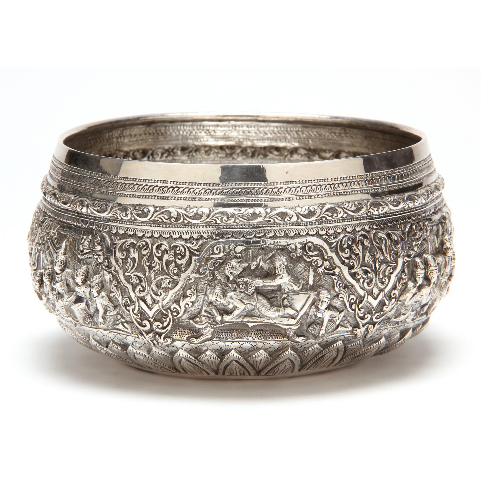 Appraisal: Burmese Silver Repousse Bowl circa circular form the center with