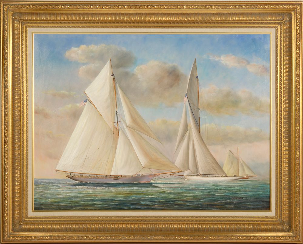 Appraisal: D TAYLER th CenturyTwo gaff-rigged sloops under full sail Signed