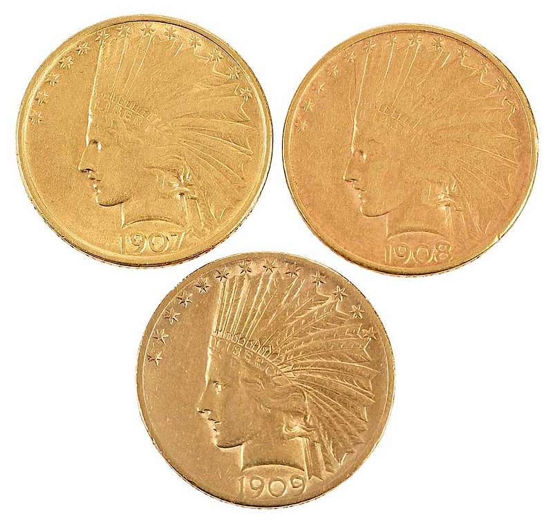 Appraisal: Group of Three Ten Dollar Gold Coins Indian design dates