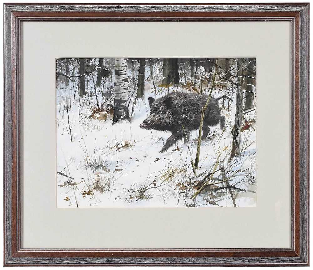 Appraisal: Rodger McPhail British born Wild Boar in a Snowy Woodland