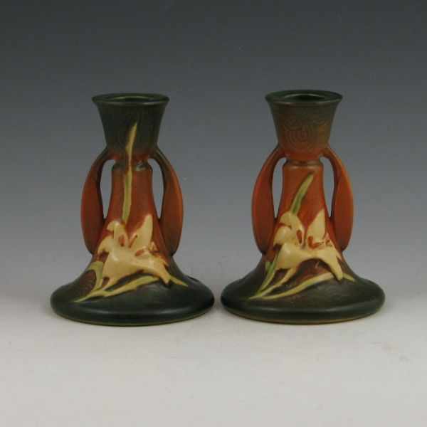 Appraisal: Roseville Zephyr Lily candleholders in brown and green Marked Roseville