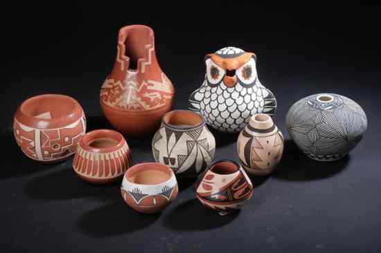 Appraisal: NINE NATIVE AMERICAN POTS Including San Ildefonso pueblo incised redware