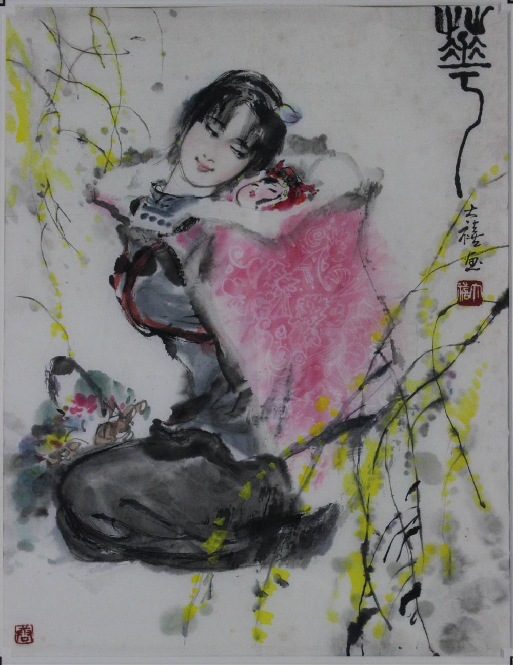 Appraisal: TANG DAXI CHINESE - FLOWER SEATED WOMAN Ink and watercolor