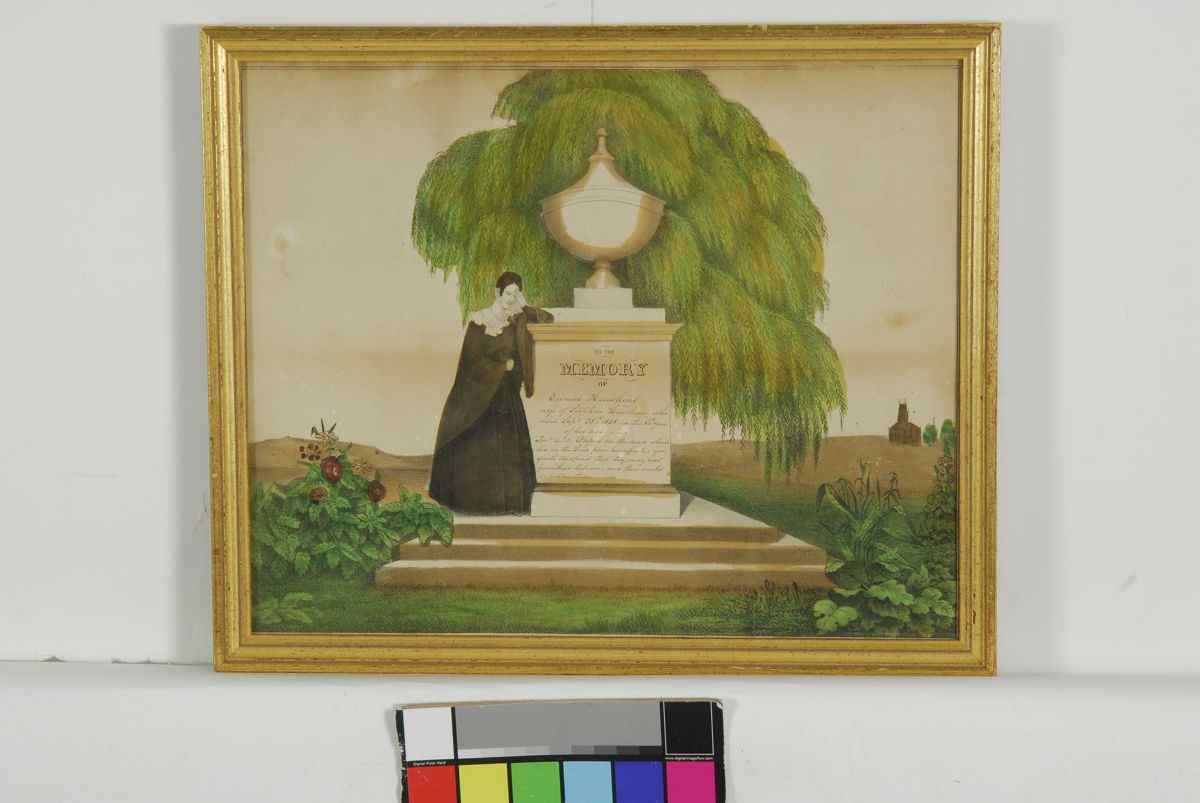 Appraisal: FRAMED HANDCOLORED PRINTED MEMORIAL th CenturyA young woman mourning at