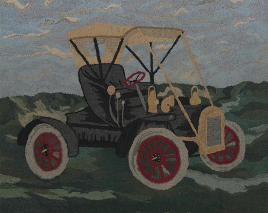 Appraisal: HOOKED RUG DEPICTING VINTAGE AUTOMOBILE Mounted on stretcher - App