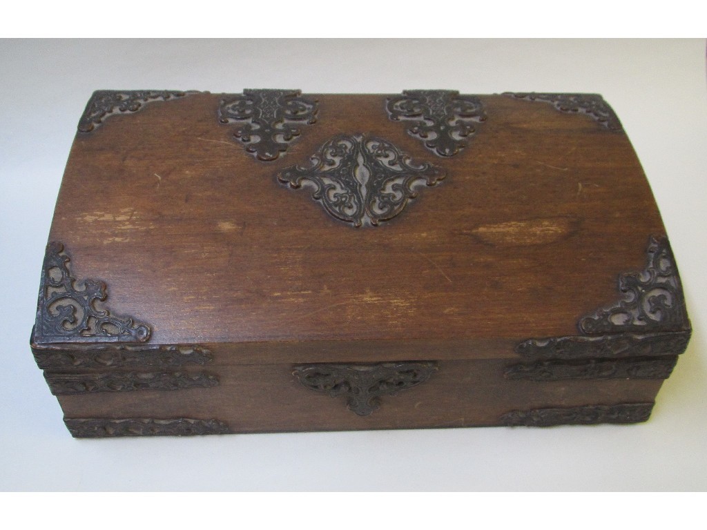 Appraisal: A stained wood and metal mounted card box with pierced