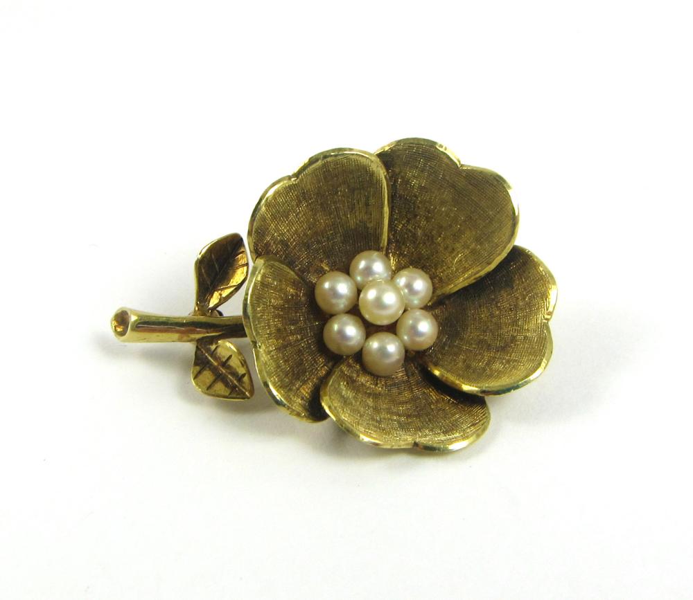 Appraisal: GERMAN YELLOW GOLD AND PEARL CLUSTER FLOWER-FORM BROOCH K gold