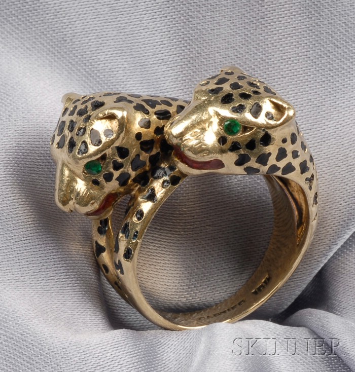 Appraisal: kt Gold and Enamel Ring designed as twin panther heads