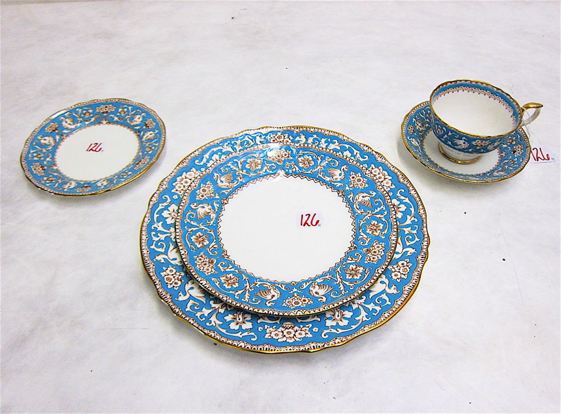 Appraisal: CROWN STAFFORDSHIRE CHINA SET forty-one pieces having turquoise band with