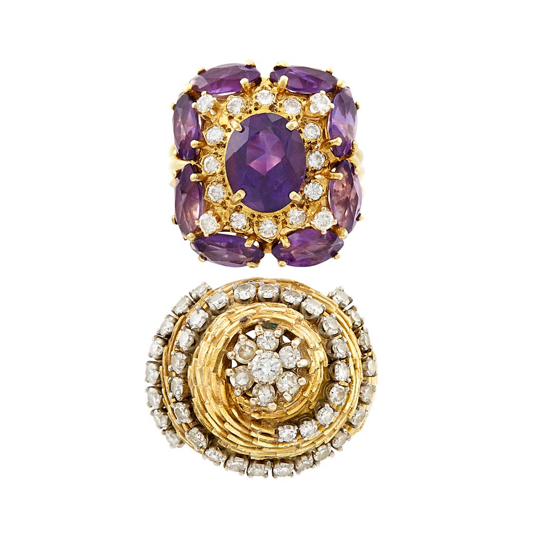 Appraisal: Gold and Diamond Dome Ring and Amethyst and Diamond Ring