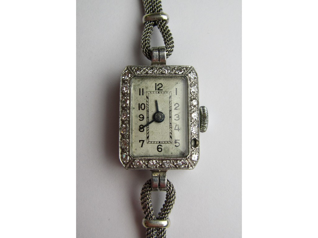 Appraisal: Art Deco platinum and diamond cocktail watch with rectangular dial