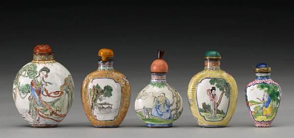 Appraisal: Five Canton enameled metal snuff bottles th Century The first