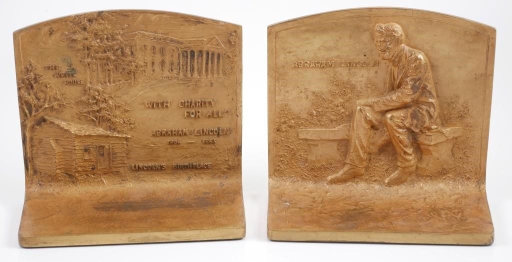 Appraisal: Pair of Abraham Lincoln themed bronze bookends showing his birthplace