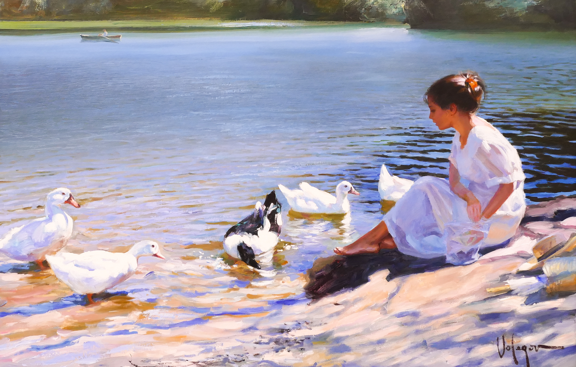 Appraisal: Vladimir Volegov th Cent Russian ''Girl with Ducks'' Oil on