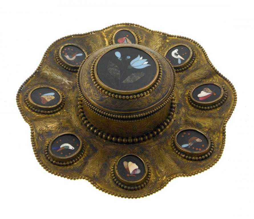 Appraisal: A PIETRE DURE-MOUNTED GILTMETAL INKWELL of domed cylindrical shape on