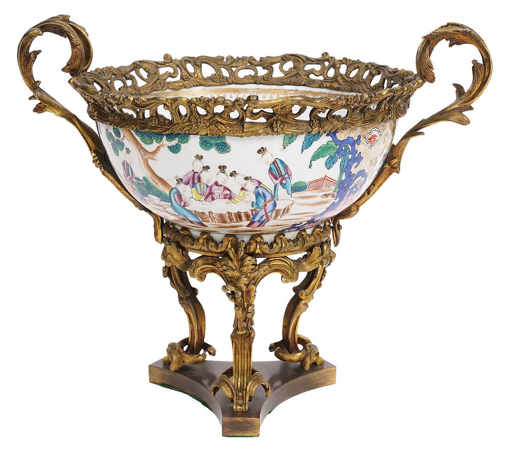 Appraisal: Chinese Export Bronze Mounted Pedestal Bowl Chinese export porcelain bowl