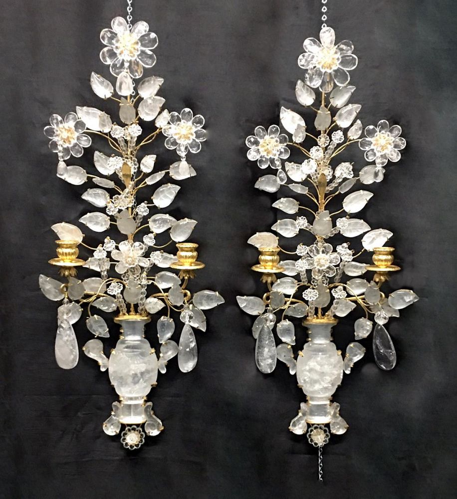 Appraisal: Pr ANTIQUE ROCK CRYSTAL SILVER GOLD LEAF SCONCES A pair