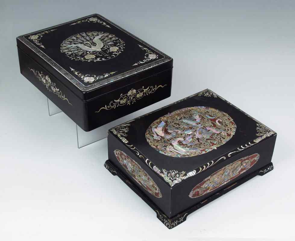 Appraisal: TWO JAPANESE MOTHER OF PEARL INLAY LACQUER BOXES To include