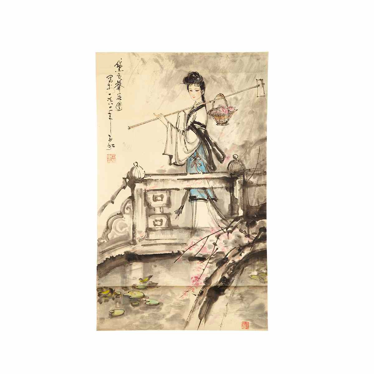 Appraisal: Signed Zi He DAIYU BURIES FALLEN FLOWER PETALS Ink and