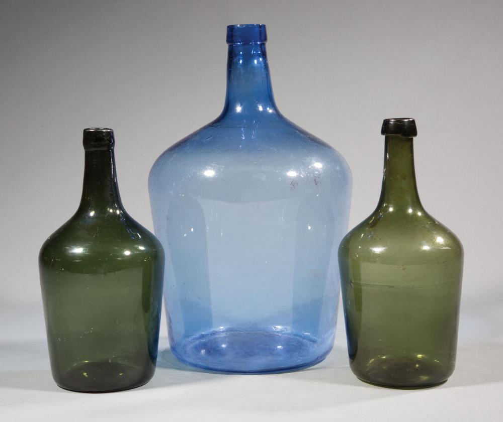 Appraisal: Three Antique Blown Glass Demijohns th th c incl blue