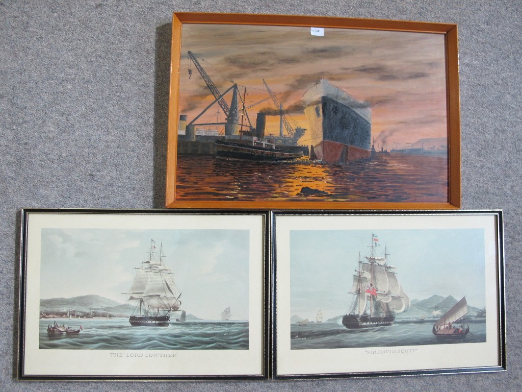 Appraisal: Oil on board 'Under Tow' plus two Maritime reproduction prints