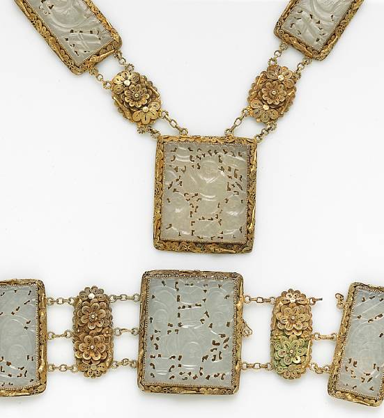 Appraisal: A set of white nephrite jade and vermeil jewelry lengths