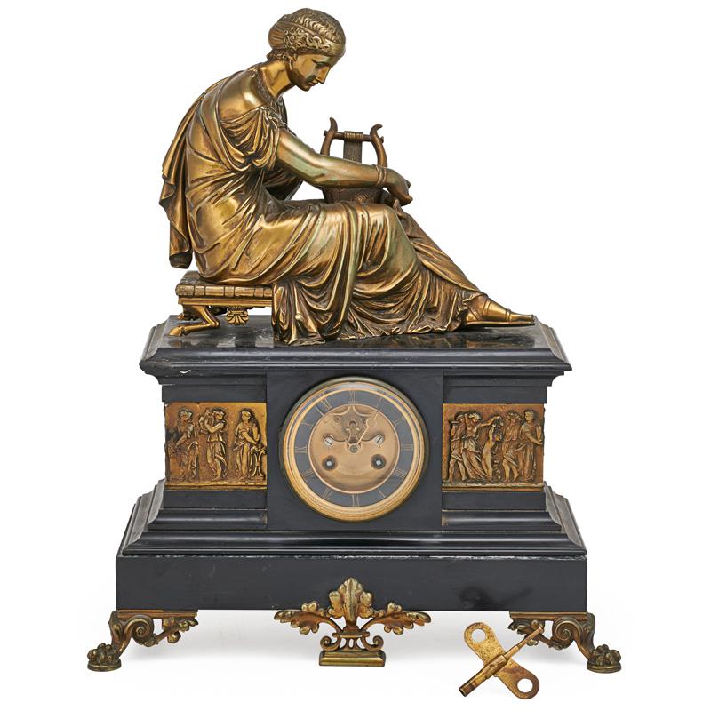 Appraisal: FRENCH MARBLE MANTEL CLOCK Classical bronze figure with ormolu panels